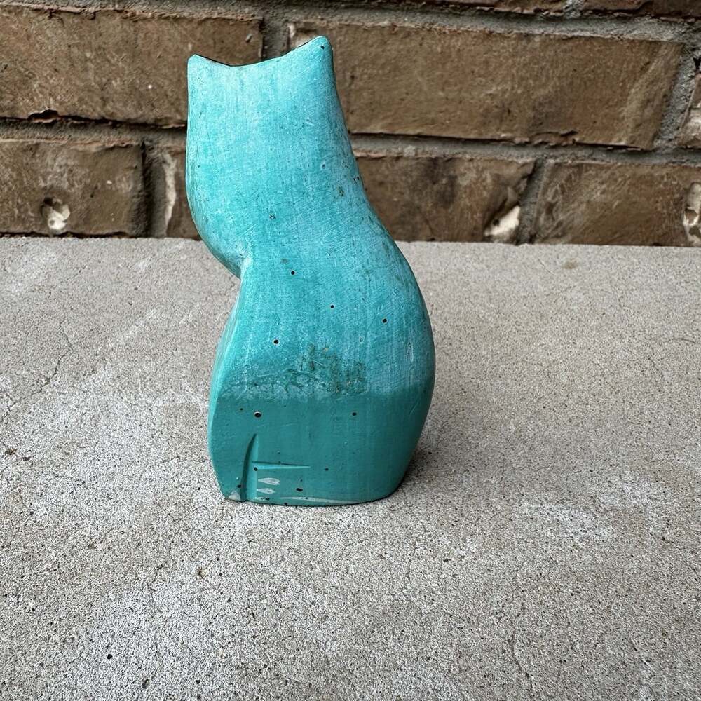 Laurel Burch Style Wood Cat Figurine Carved Hand Painted Turquoise Print Folkart - Picture 3 of 7